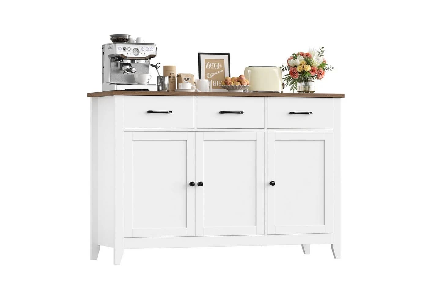HOMECHO Sideboard 120 cm Weiß/Braun mit 3 Schubladen - Bild 2
