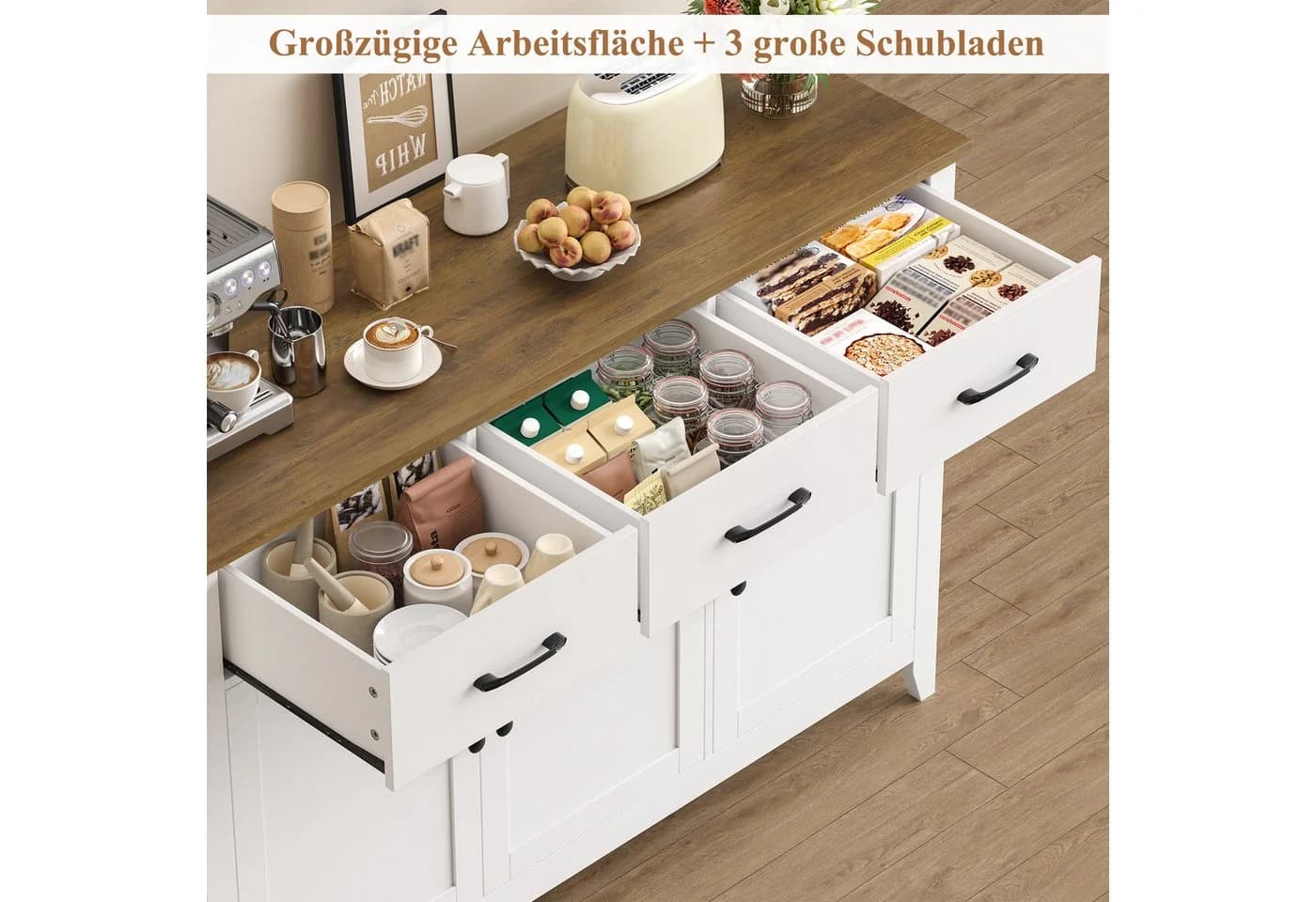 HOMECHO Sideboard 120 cm Weiß/Braun mit 3 Schubladen - Bild 3