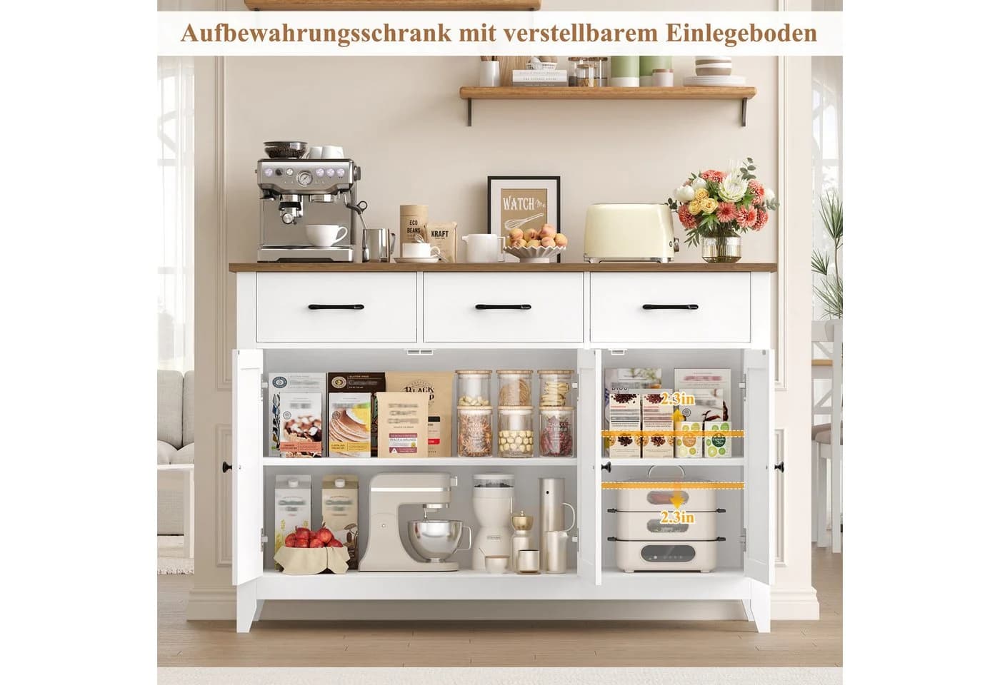 HOMECHO Sideboard 120 cm Weiß/Braun mit 3 Schubladen - Bild 4