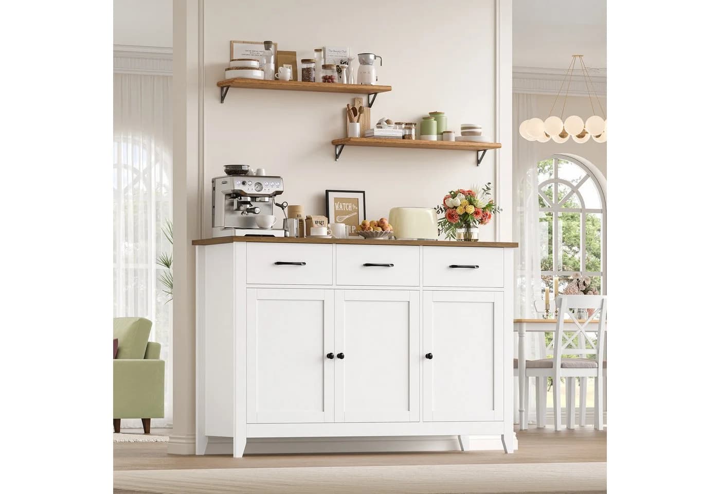 HOMECHO Sideboard 120 cm Weiß/Braun mit 3 Schubladen - Bild 5