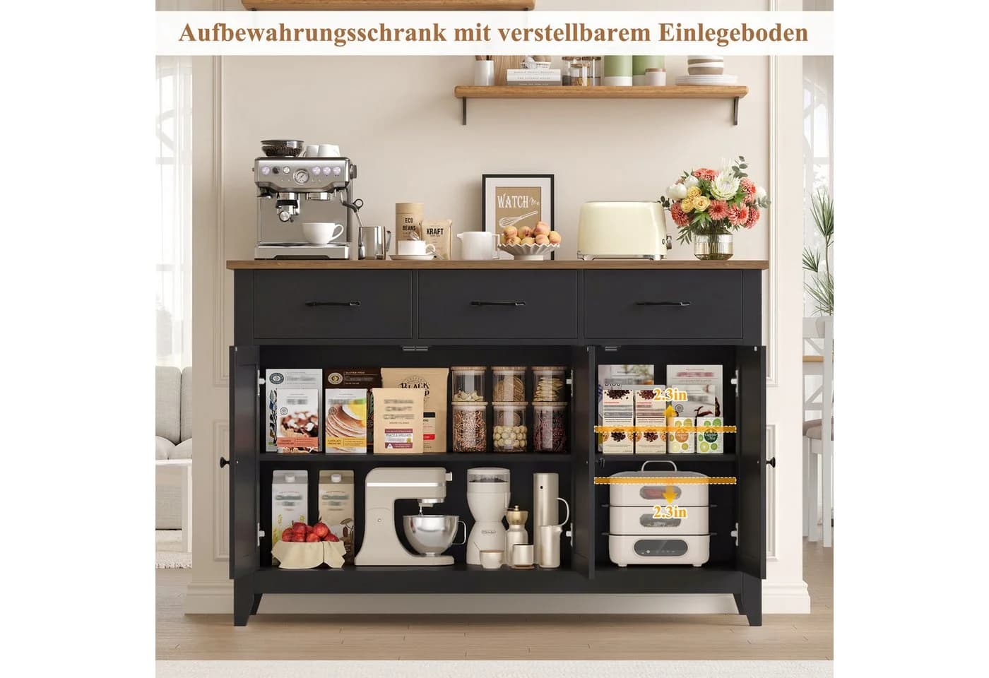 HOMECHO Sideboard 120 cm Weiß/Braun mit Schubladen