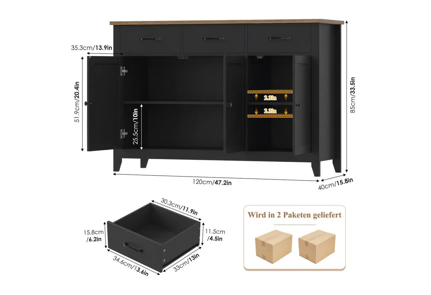 HOMECHO Sideboard 120 cm Weiß/Braun mit Schubladen - Bild 5