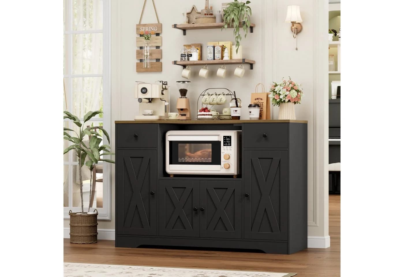 HOMECHO Sideboard Schwarz mit Steckdosen und verstellbaren Ablagen