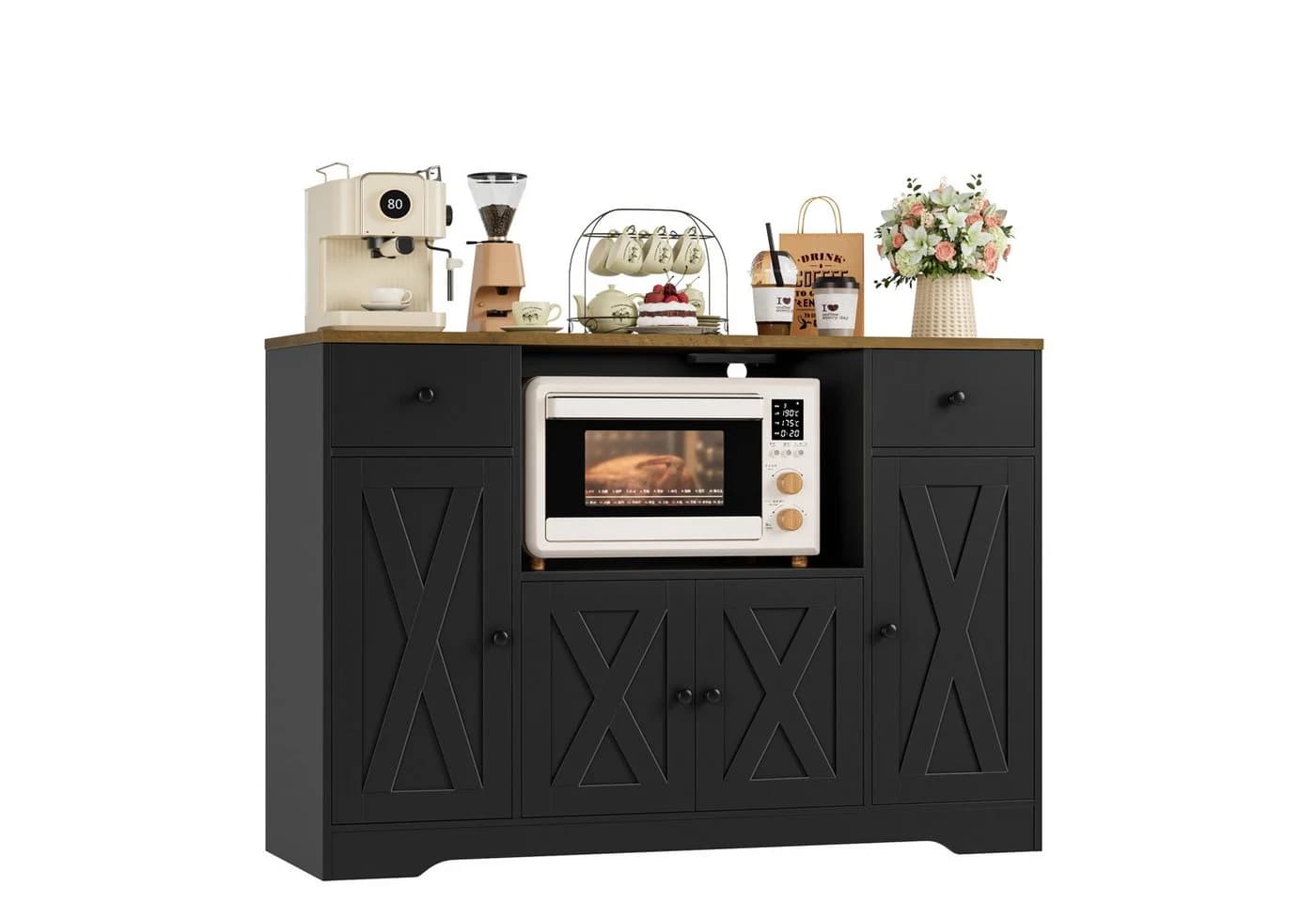 HOMECHO Sideboard Schwarz mit Steckdosen und verstellbaren Ablagen - Bild 2