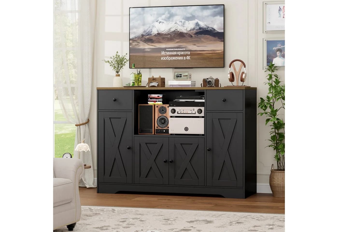 HOMECHO Sideboard Schwarz mit Steckdosen und verstellbaren Ablagen - Bild 3