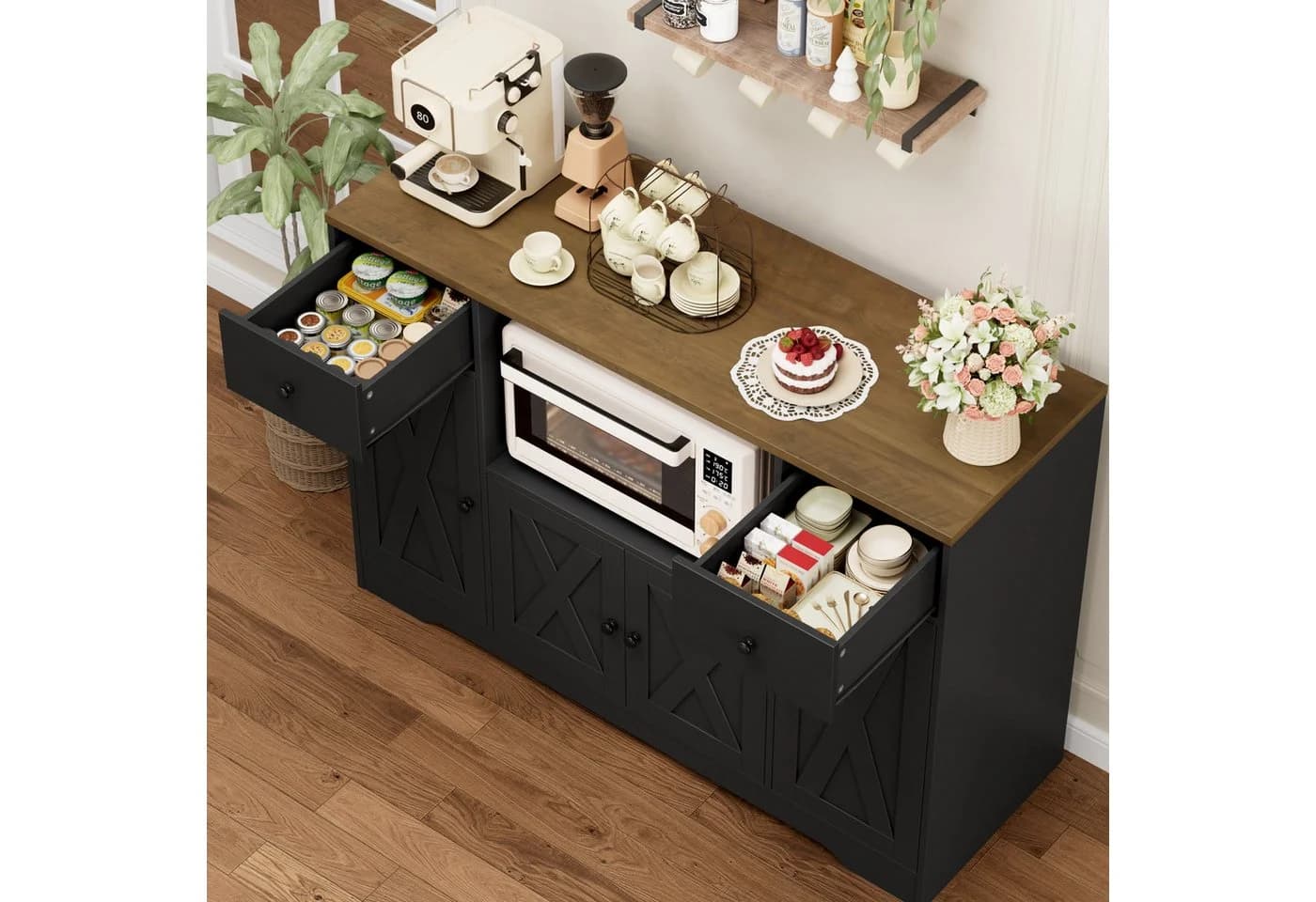 HOMECHO Sideboard Schwarz mit Steckdosen und verstellbaren Ablagen - Bild 4
