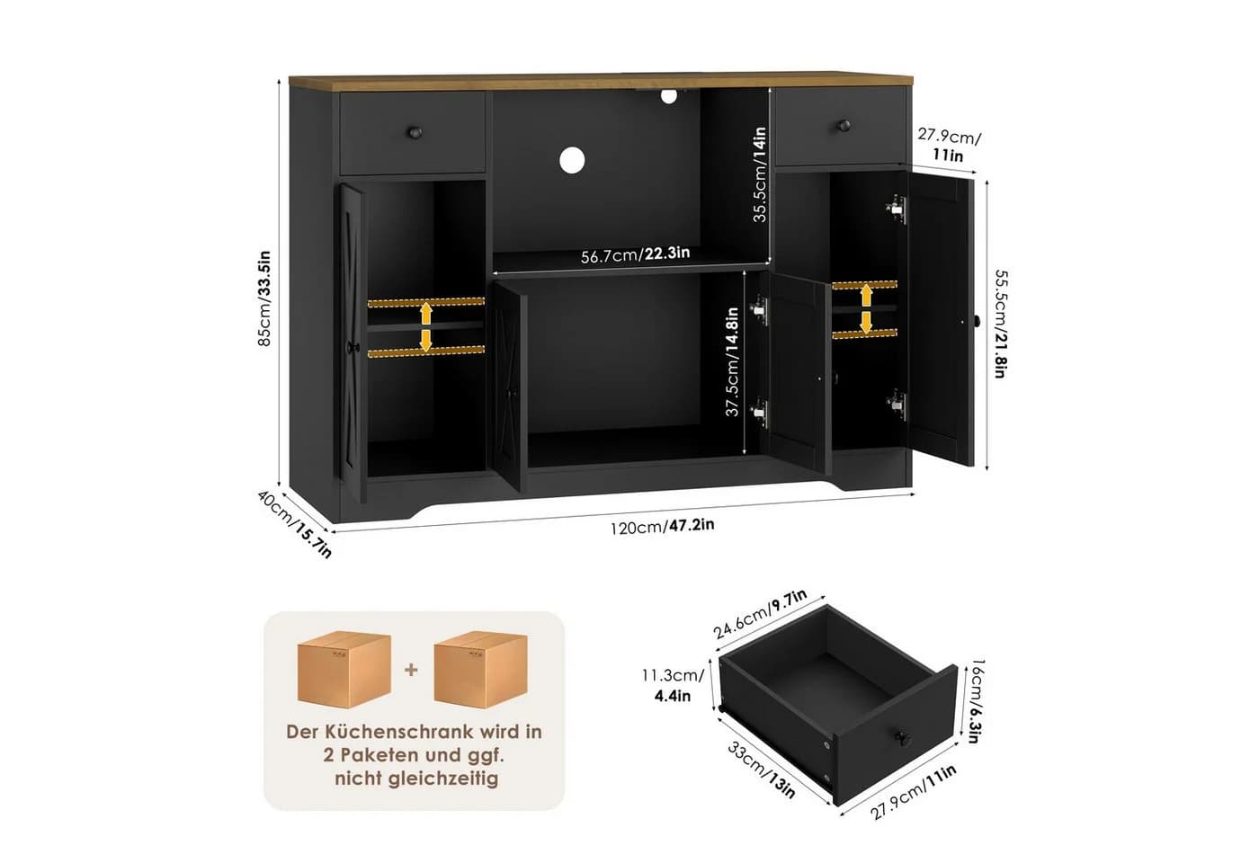 HOMECHO Sideboard Schwarz mit Steckdosen und verstellbaren Ablagen - Bild 5