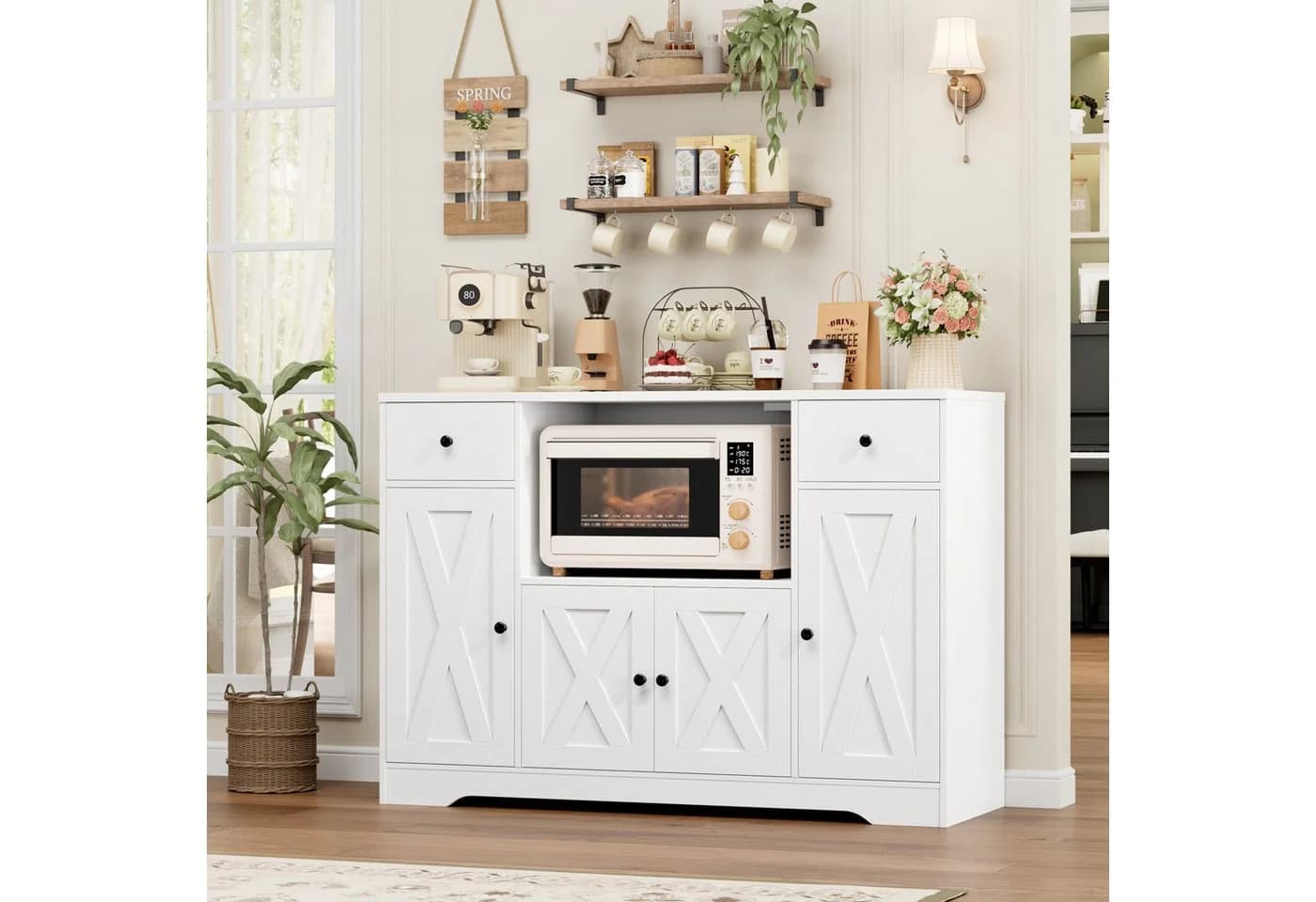 HOMECHO Sideboard Weiß mit Mikrowellenhalterung und Steckdosen