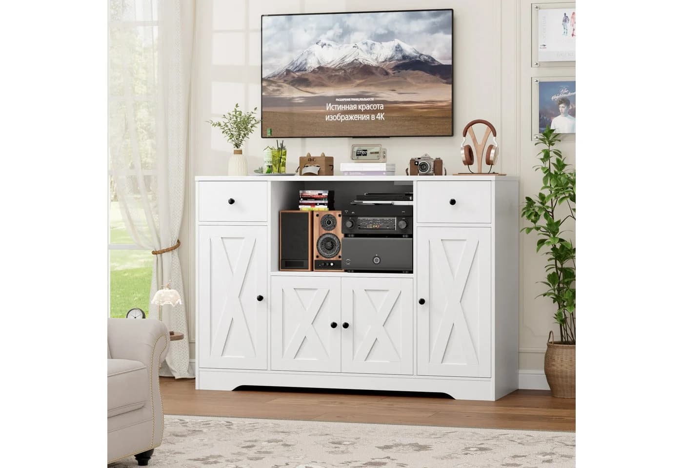 HOMECHO Sideboard Weiß mit Mikrowellenhalterung und Steckdosen - Bild 3
