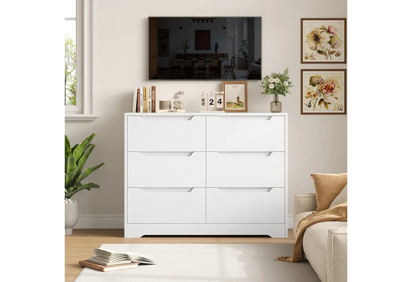 HOMECHO Kommode Sideboard 6 Schubladen Weiß Modern