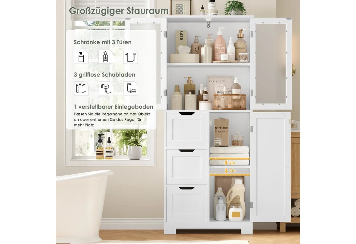 HOMECHO Hochschrank Weiß mit 3 Türen und 3 Schubladen - Bild 3