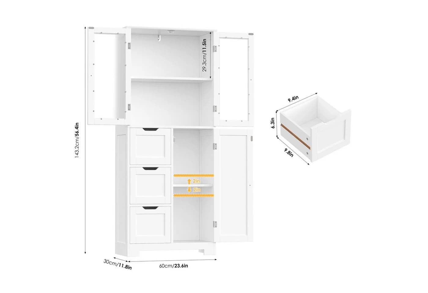 HOMECHO Hochschrank Weiß mit 3 Türen und 3 Schubladen - Bild 4