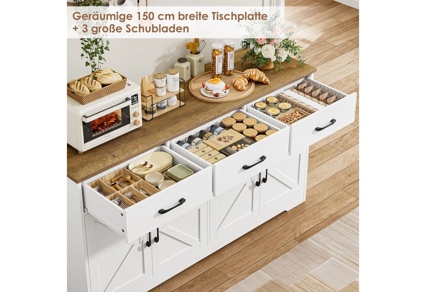 HOMECHO Küchenschrank mit Arbeitsplatte 150cm Weiß 4 Türen 3 Schubladen - Bild 3