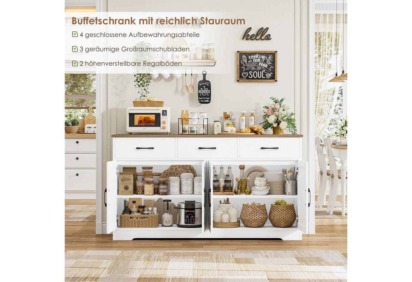 HOMECHO Küchenschrank mit Arbeitsplatte 150cm Weiß 4 Türen 3 Schubladen - Bild 4