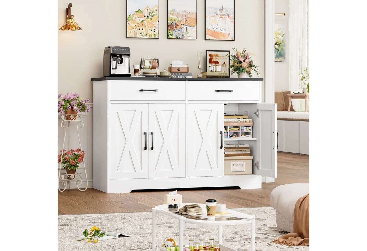 HOMECHO Buffet 120cm Weiß/Schwarz mit Schubladen