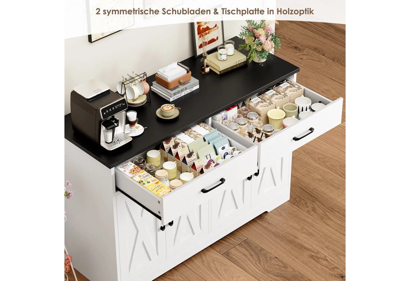 HOMECHO Buffet 120cm Weiß/Schwarz mit Schubladen - Bild 5