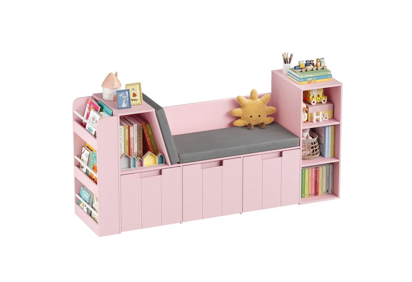 HOMECHO Spielzeugtruhe 156cm Kinderregal mit Sitzbank Rosa/Weiß - Bild 2
