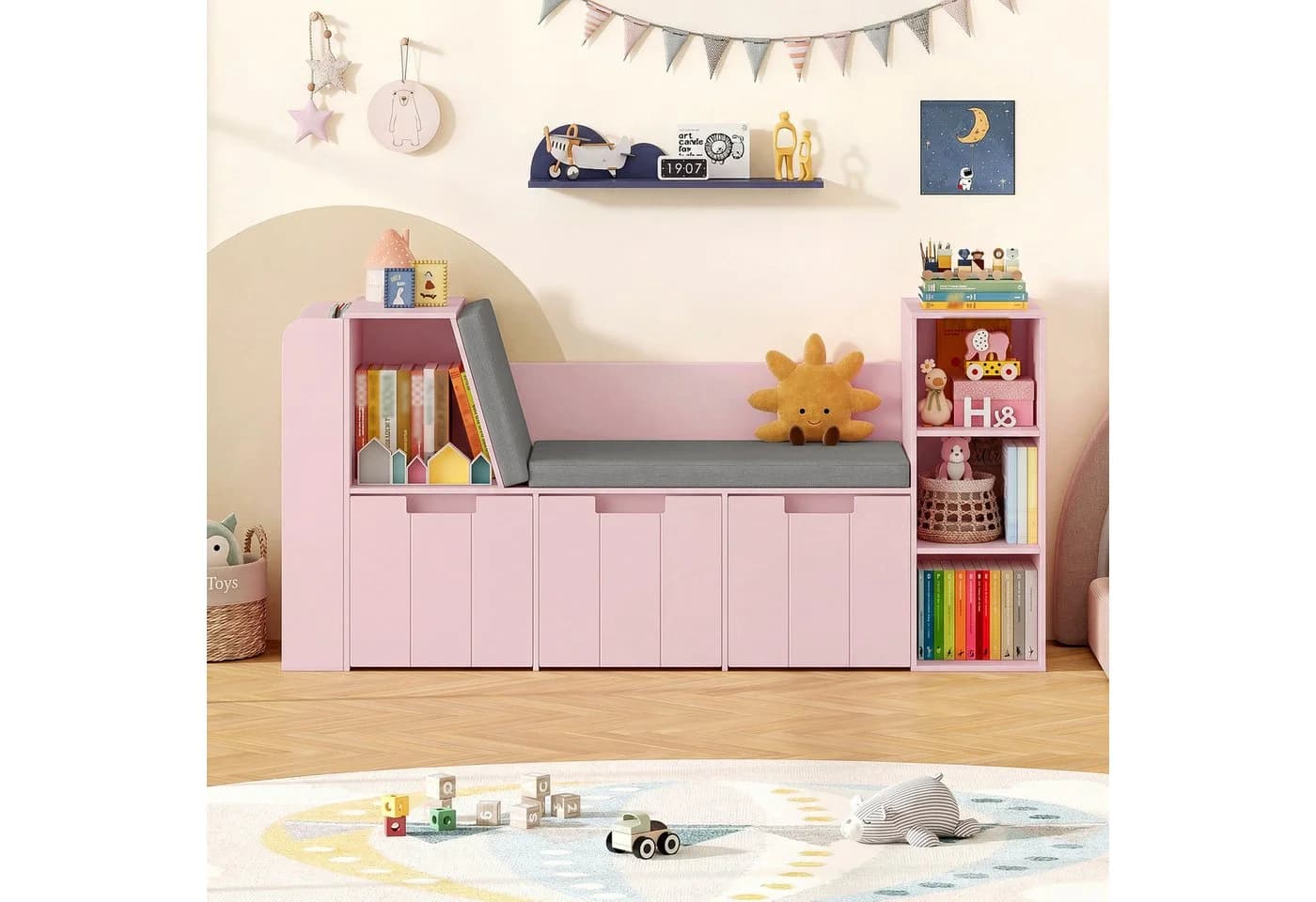 HOMECHO Spielzeugtruhe 156cm Kinderregal mit Sitzbank Rosa/Weiß - Bild 3