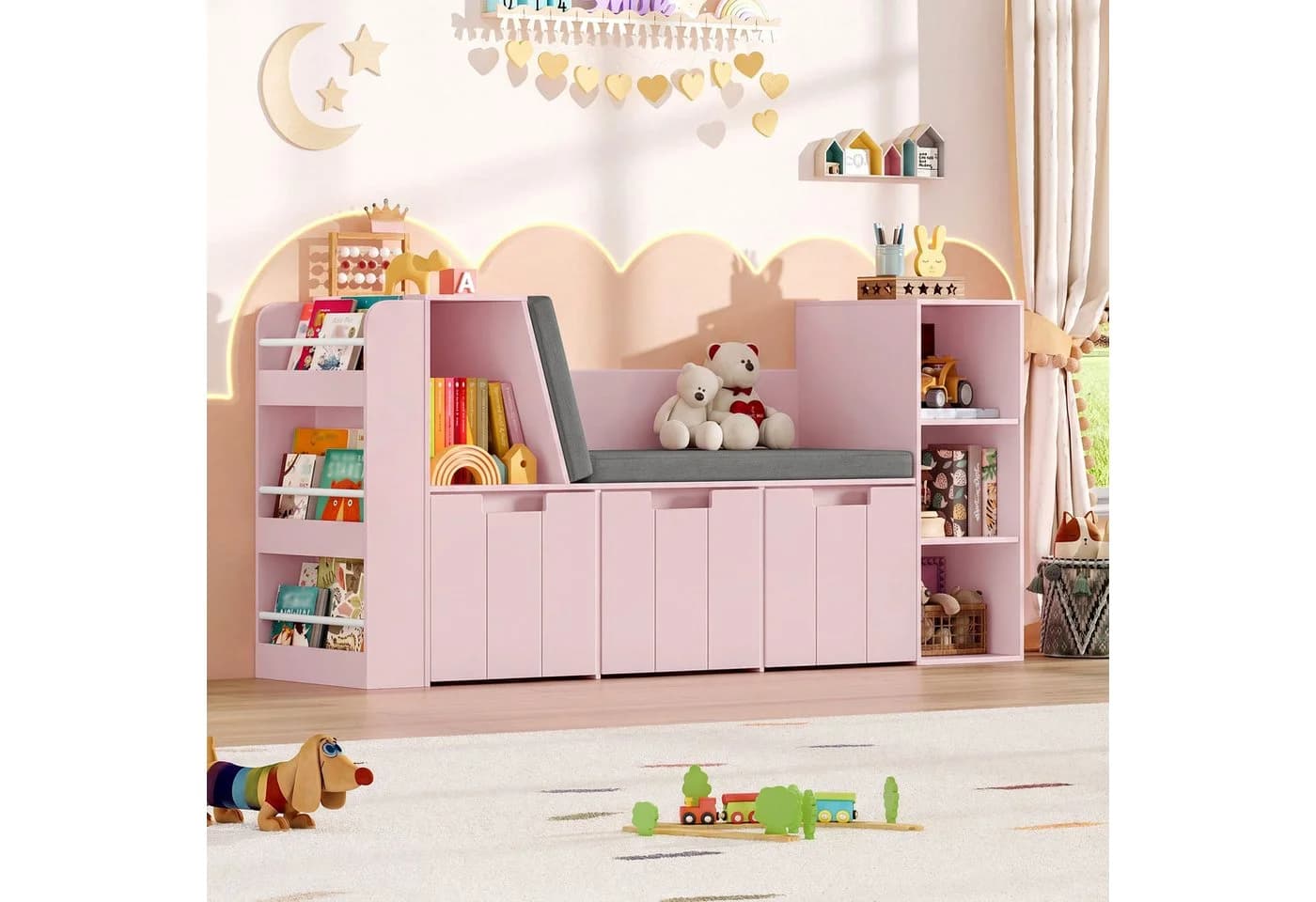 HOMECHO Spielzeugtruhe 156cm Kinderregal mit Sitzbank Rosa/Weiß - Bild 4