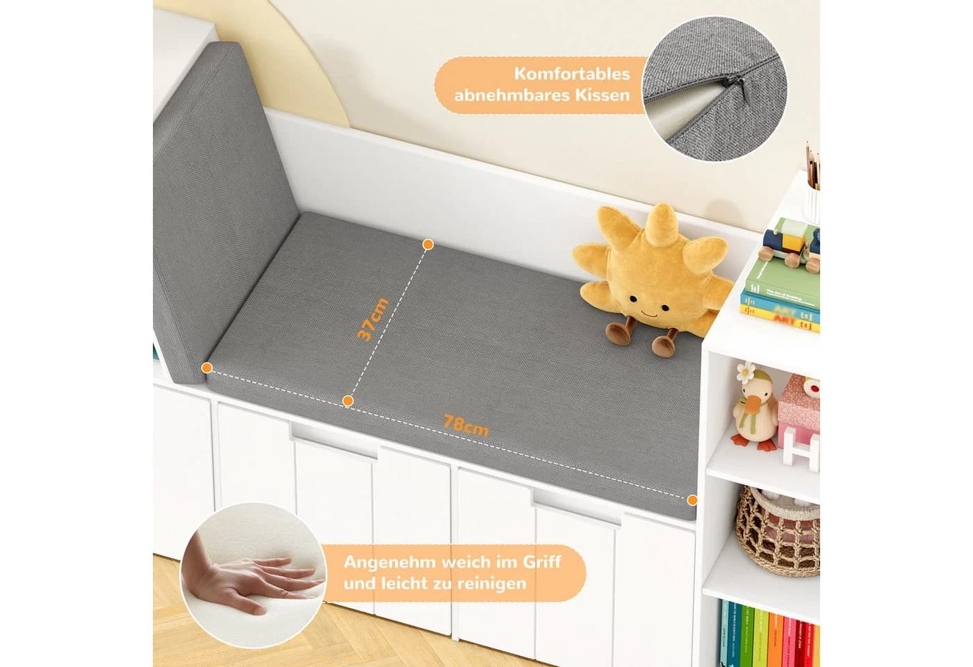 HOMECHO Kinderregal mit Sitzbank und Spielzeugaufbewahrung Rosa/Weiß