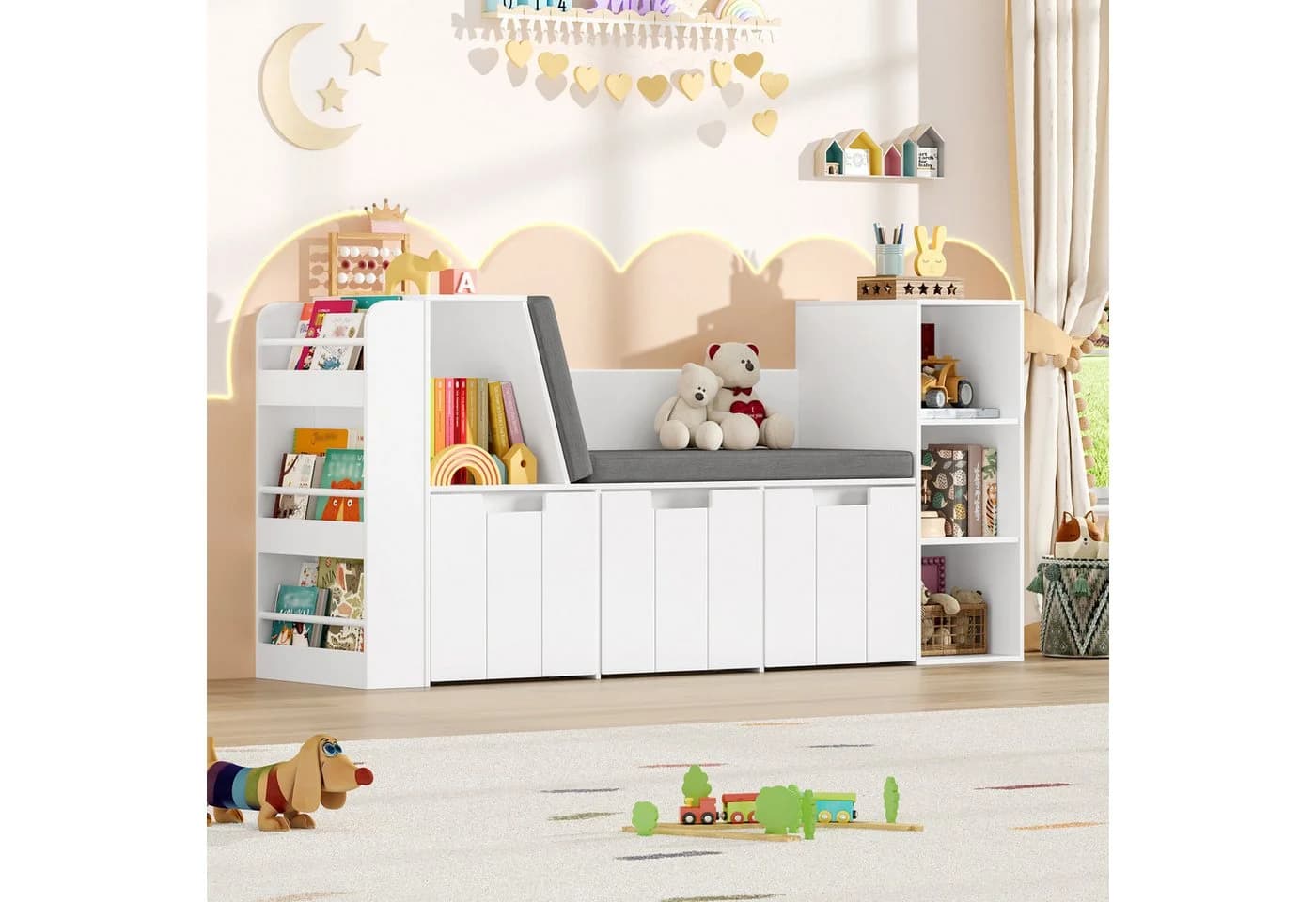 HOMECHO Kinderregal mit Sitzbank und Spielzeugaufbewahrung Rosa/Weiß - Bild 4