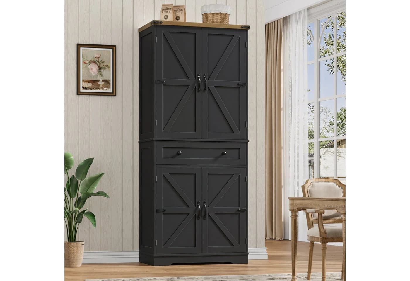 HOMECHO Küchenbuffet 180 cm Schwarz/Weiß mit Schubladen