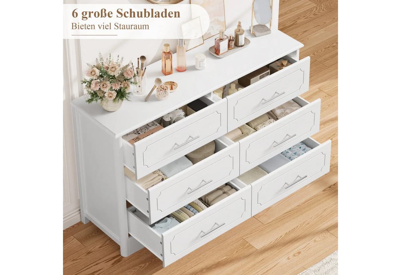 HOMECHO Kommode 6 Schubladen Weiß Moderner Schubladenschrank