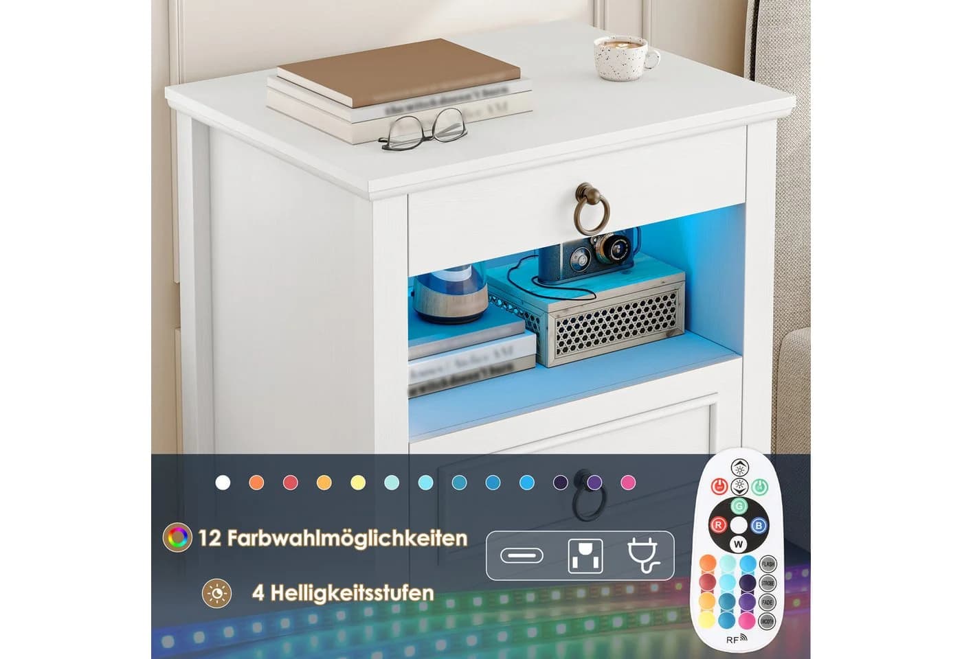 HOMECHO Nachttisch mit LED, Steckdose & 3 Schubladen Weiß/Schwarz - Bild 3