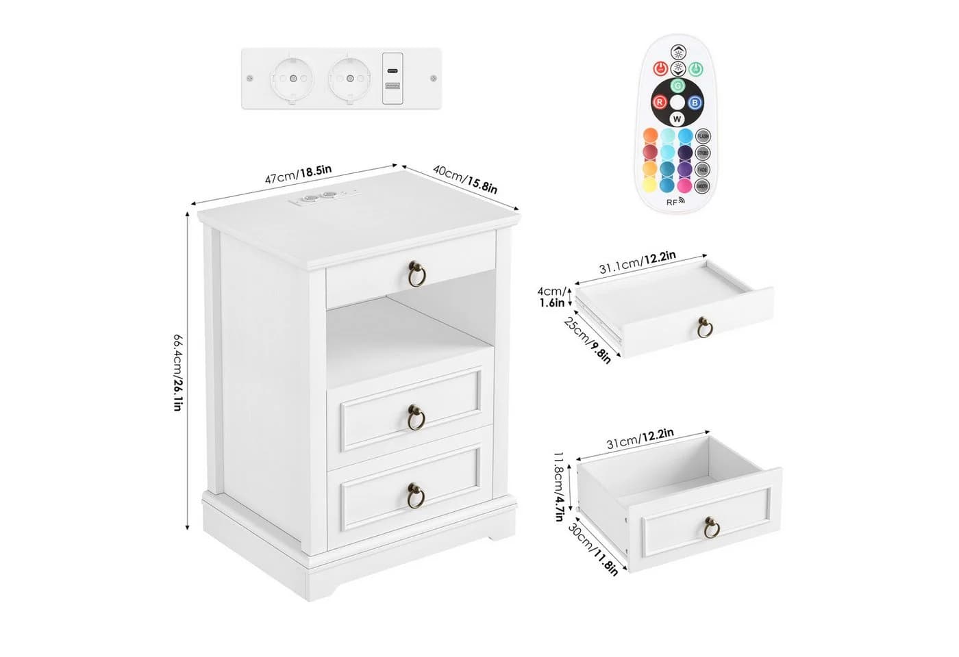 HOMECHO Nachttisch mit LED, Steckdose & 3 Schubladen Weiß/Schwarz - Bild 4