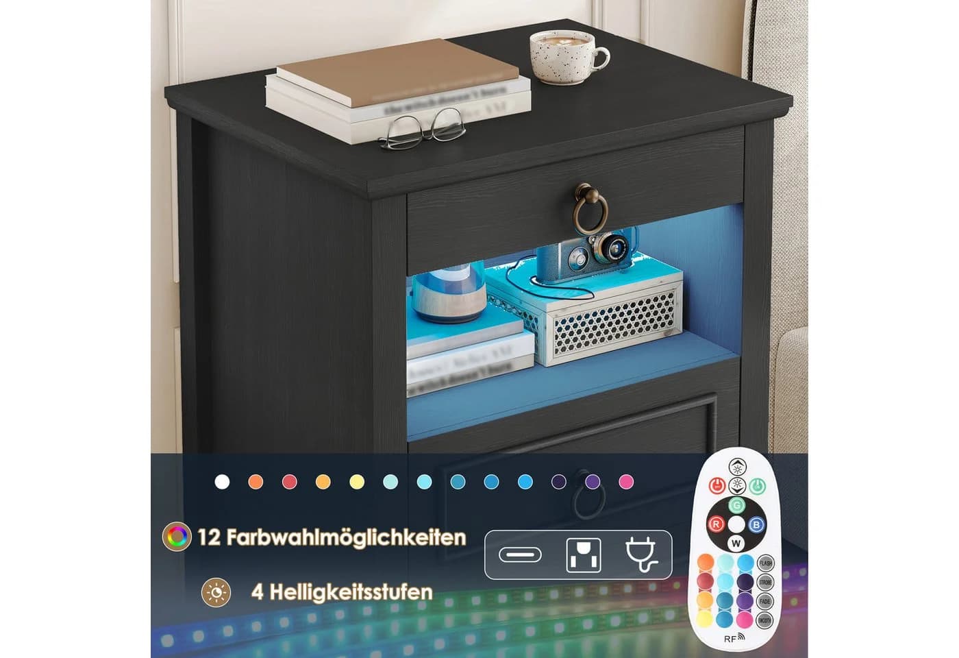 HOMECHO Nachttisch mit LED, Steckdose & 3 Schubladen Schwarz/Weiß - Bild 3