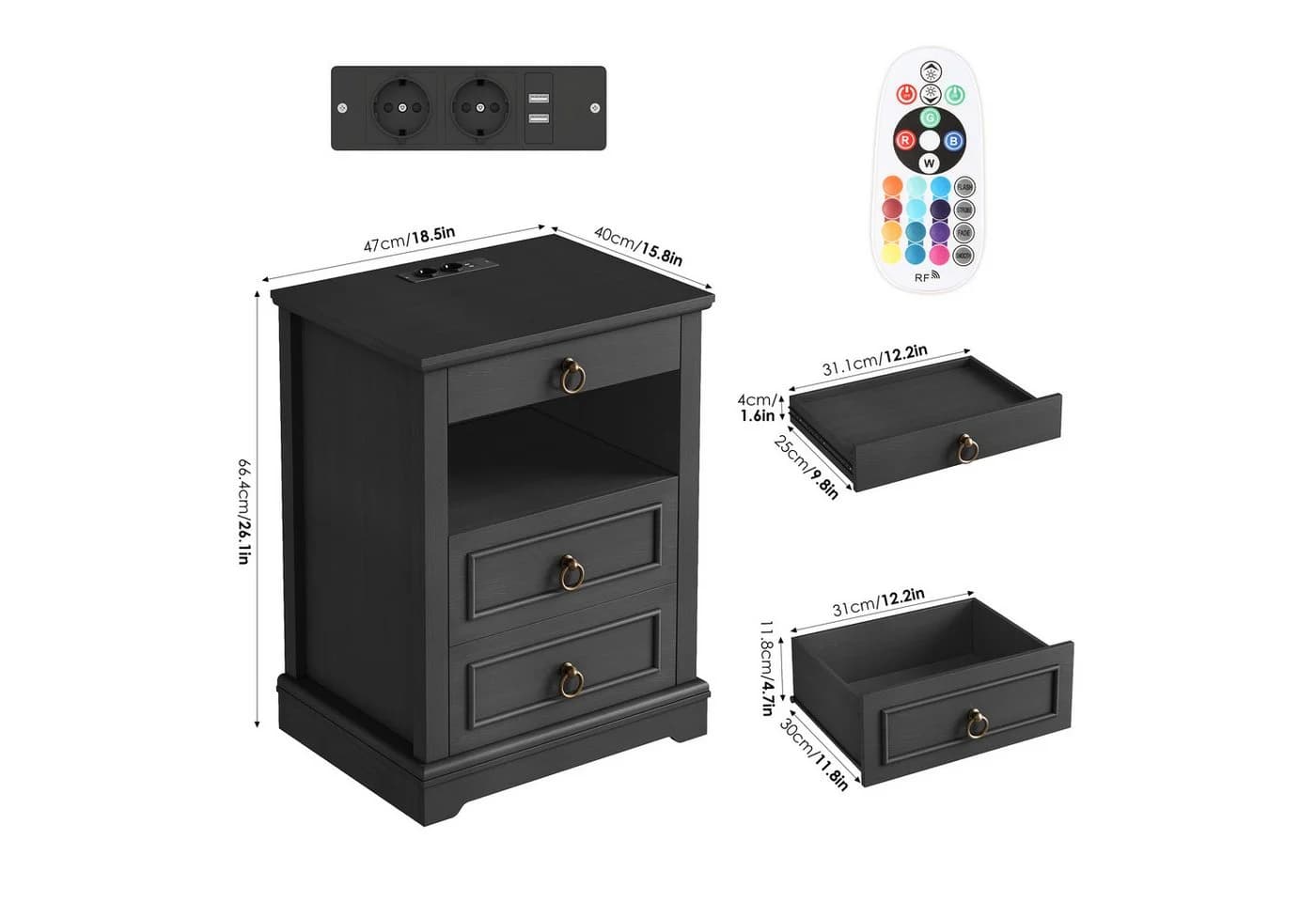 HOMECHO Nachttisch mit LED, Steckdose & 3 Schubladen Schwarz/Weiß - Bild 4