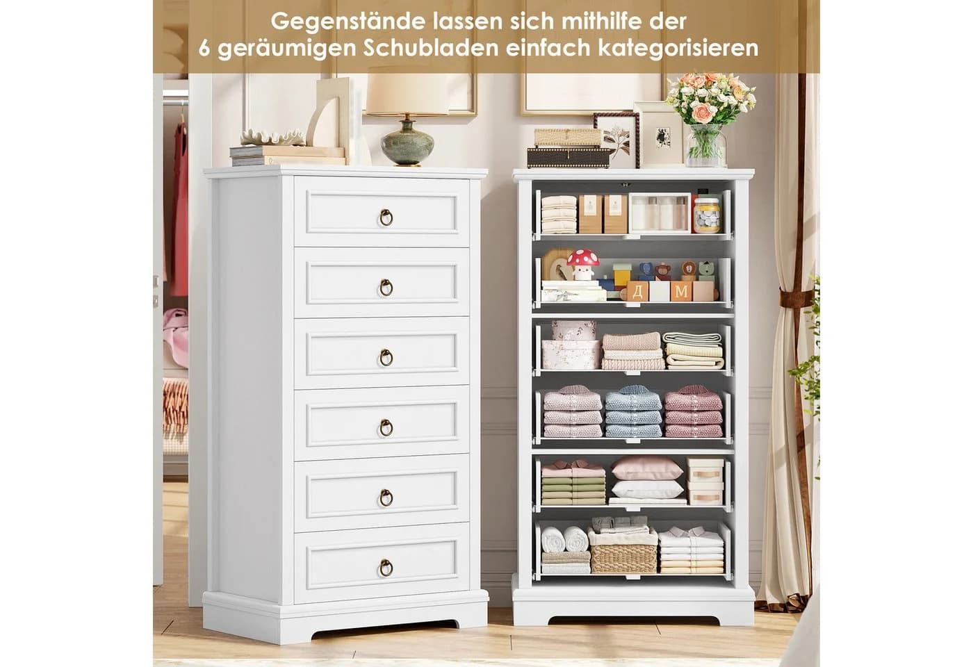 HOMECHO Hochkommode 6 Schubladen Weiß Landhaus-Design