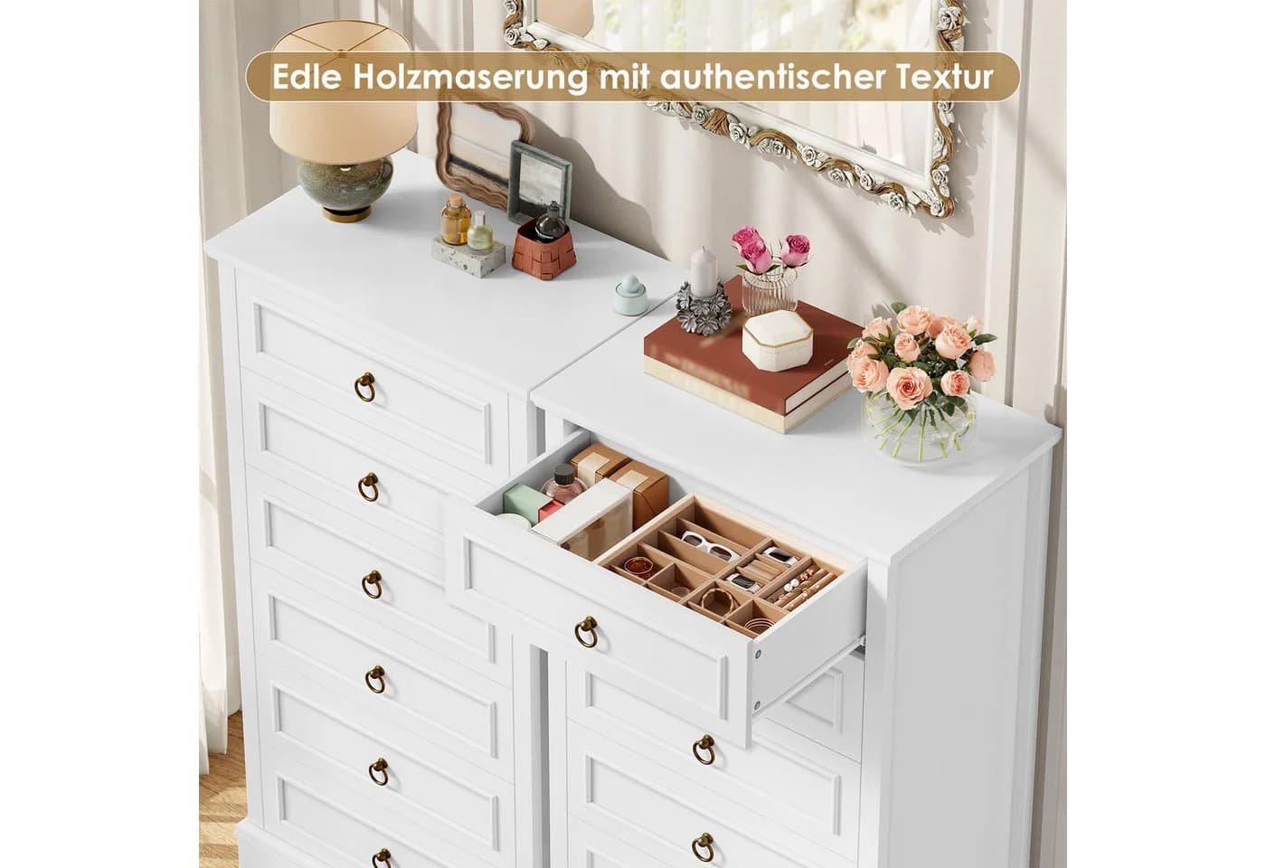 HOMECHO Hochkommode 6 Schubladen Weiß Landhaus-Design - Bild 3