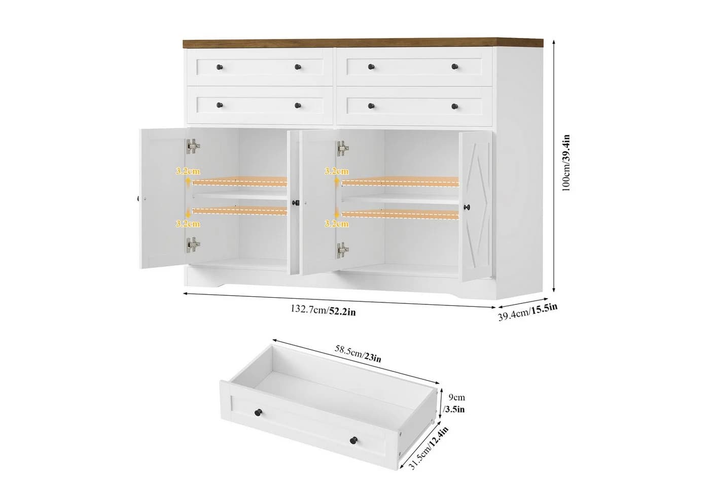 HOMECHO Sideboard 132,7 cm Weiß/Schwarz mit 4 Schubladen und 4 Türen - Bild 3