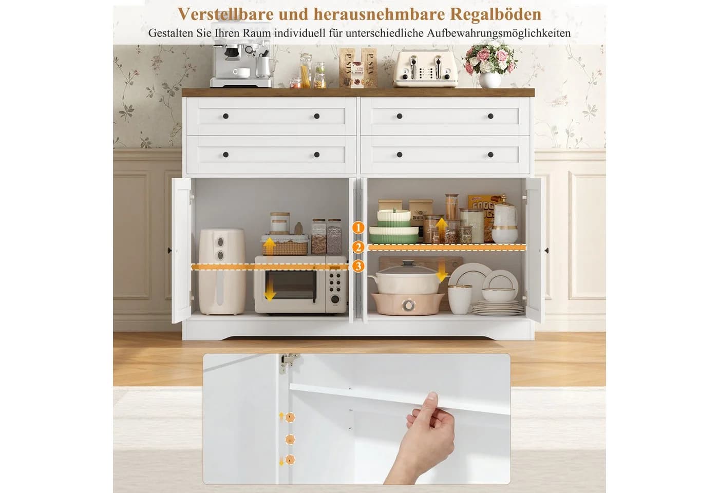 HOMECHO Sideboard 132,7 cm Weiß/Schwarz mit 4 Schubladen und 4 Türen - Bild 4
