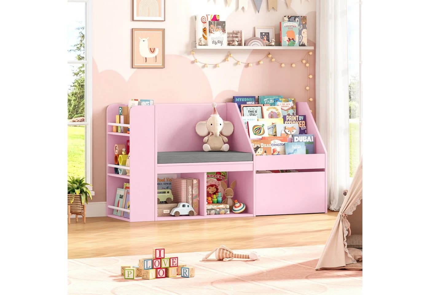 HOMECHO Kinderregal mit Sitz und Leseecke Weiß