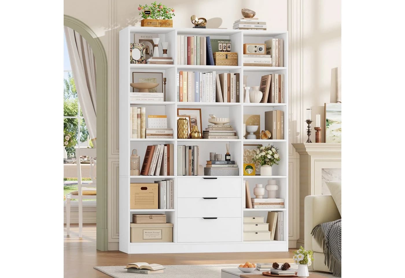 HOMECHO Bücherregal 16 Fächer 3 Schubladen Weiß Modern