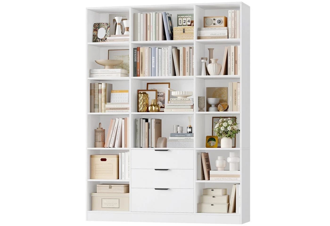 HOMECHO Bücherregal 16 Fächer 3 Schubladen Weiß Modern - Bild 2