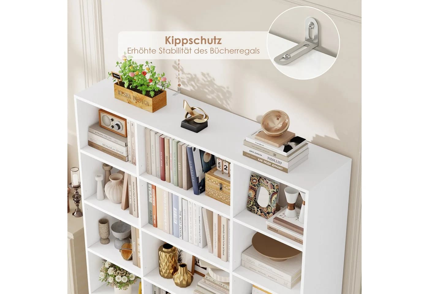 HOMECHO Bücherregal 16 Fächer 3 Schubladen Weiß Modern - Bild 5