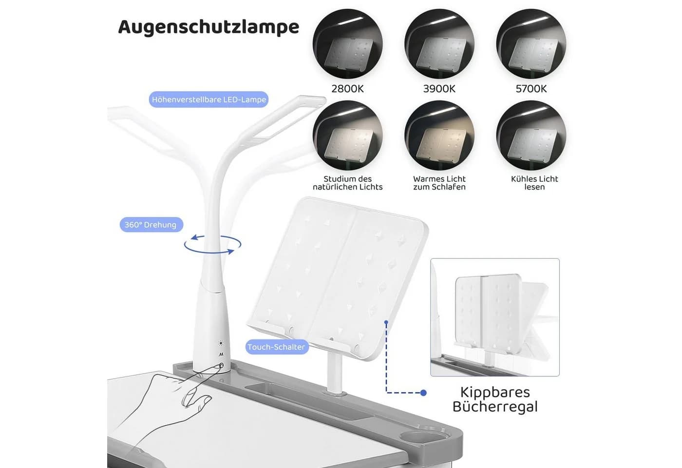TLGREEN Kinderschreibtisch mit Lampe, Höhenverstellbar, 0-40° einstellbar - Bild 5
