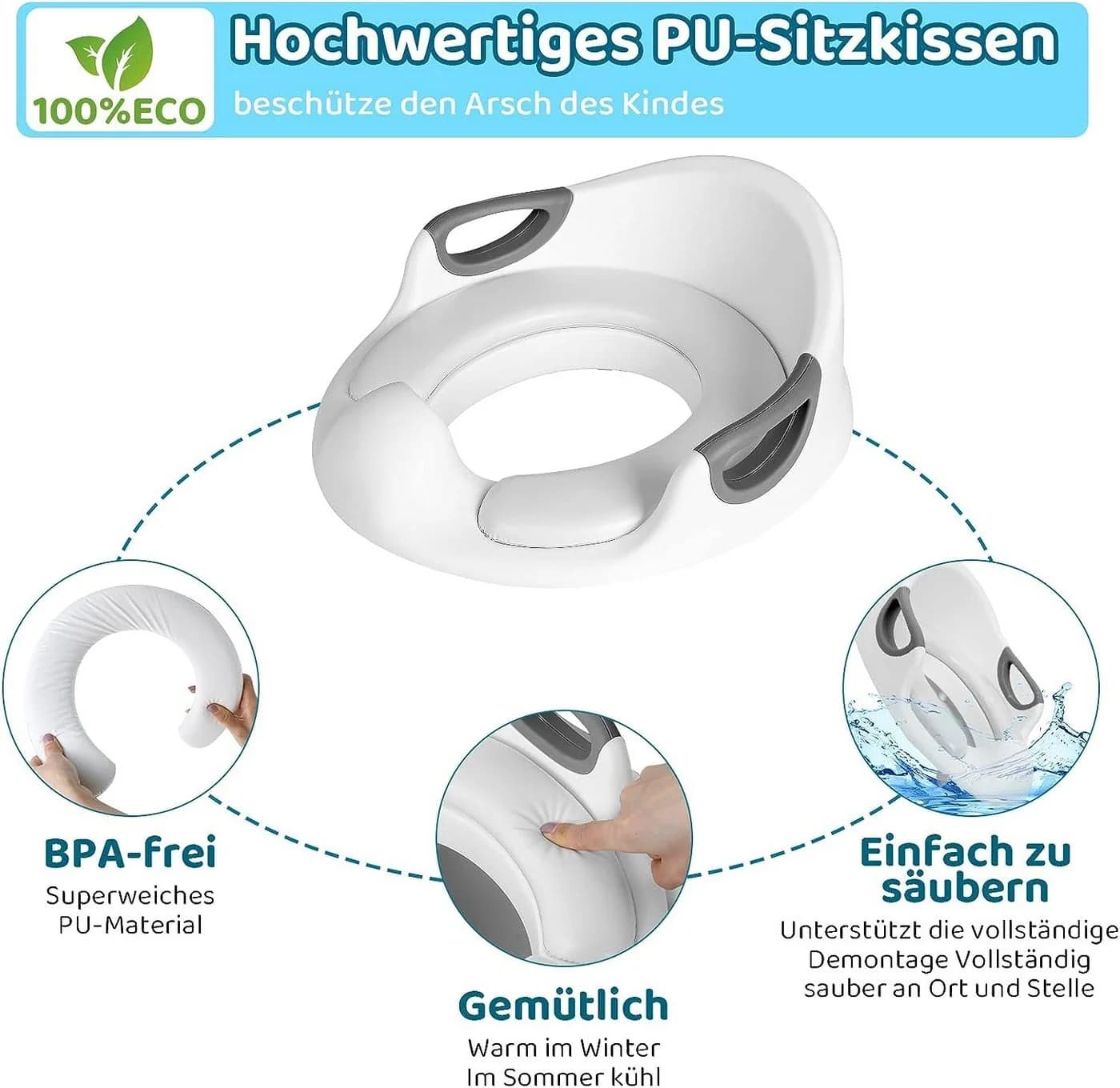TLGREEN Baby-Toilettensitz Kinder WC Sitz mit PU-Kissen und Handläufen Weiß - Bild 3