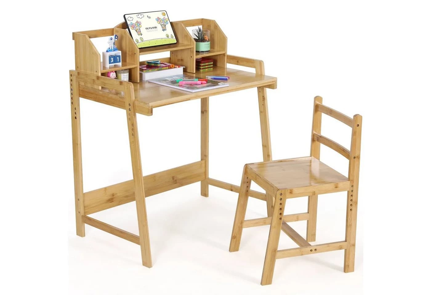 TLGREEN Kinderschreibtisch Höhenverstellbar Bambus Holz mit Stuhl und Stauraum - Bild 2