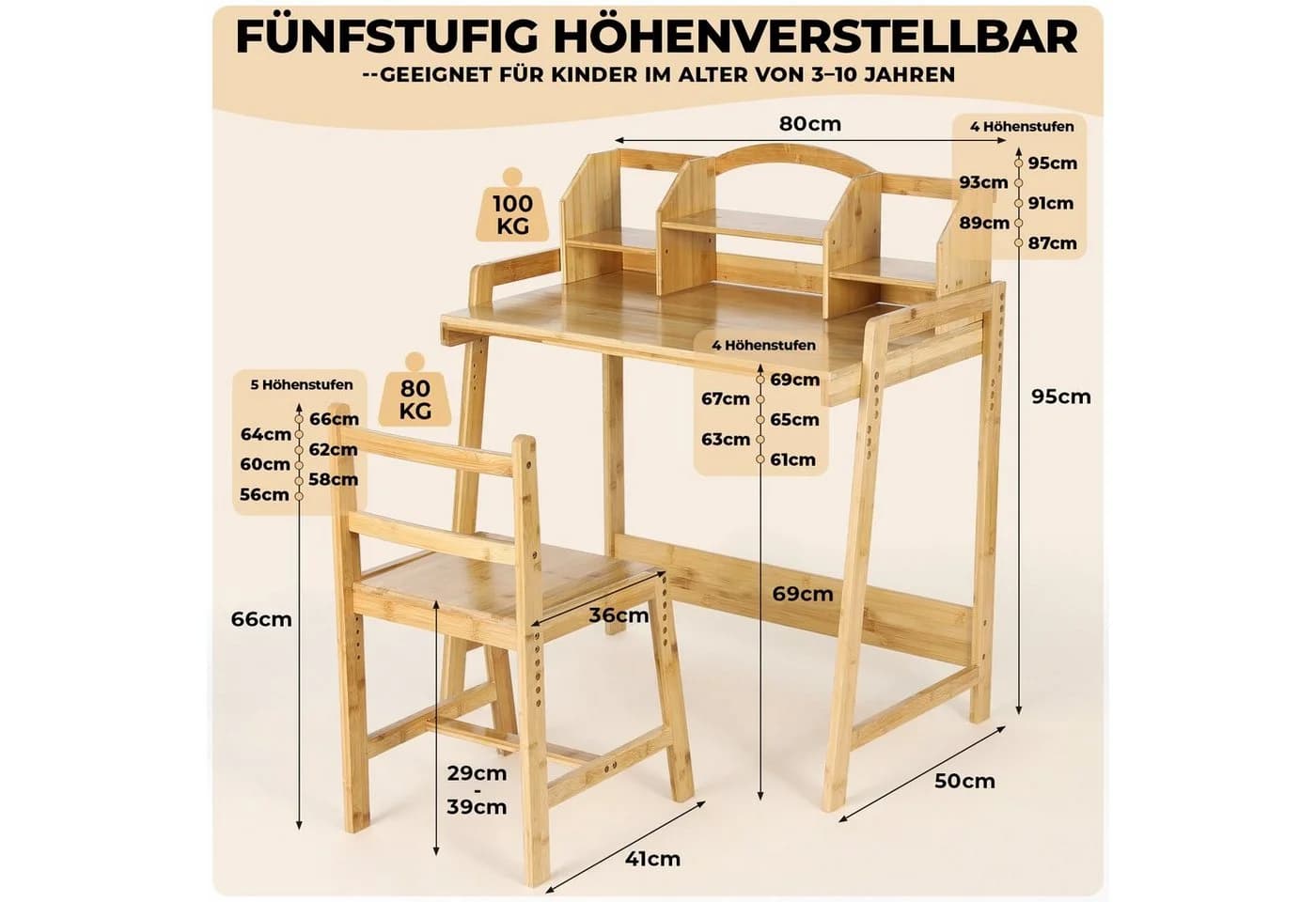 TLGREEN Kinderschreibtisch Höhenverstellbar Bambus Holz mit Stuhl und Stauraum - Bild 3