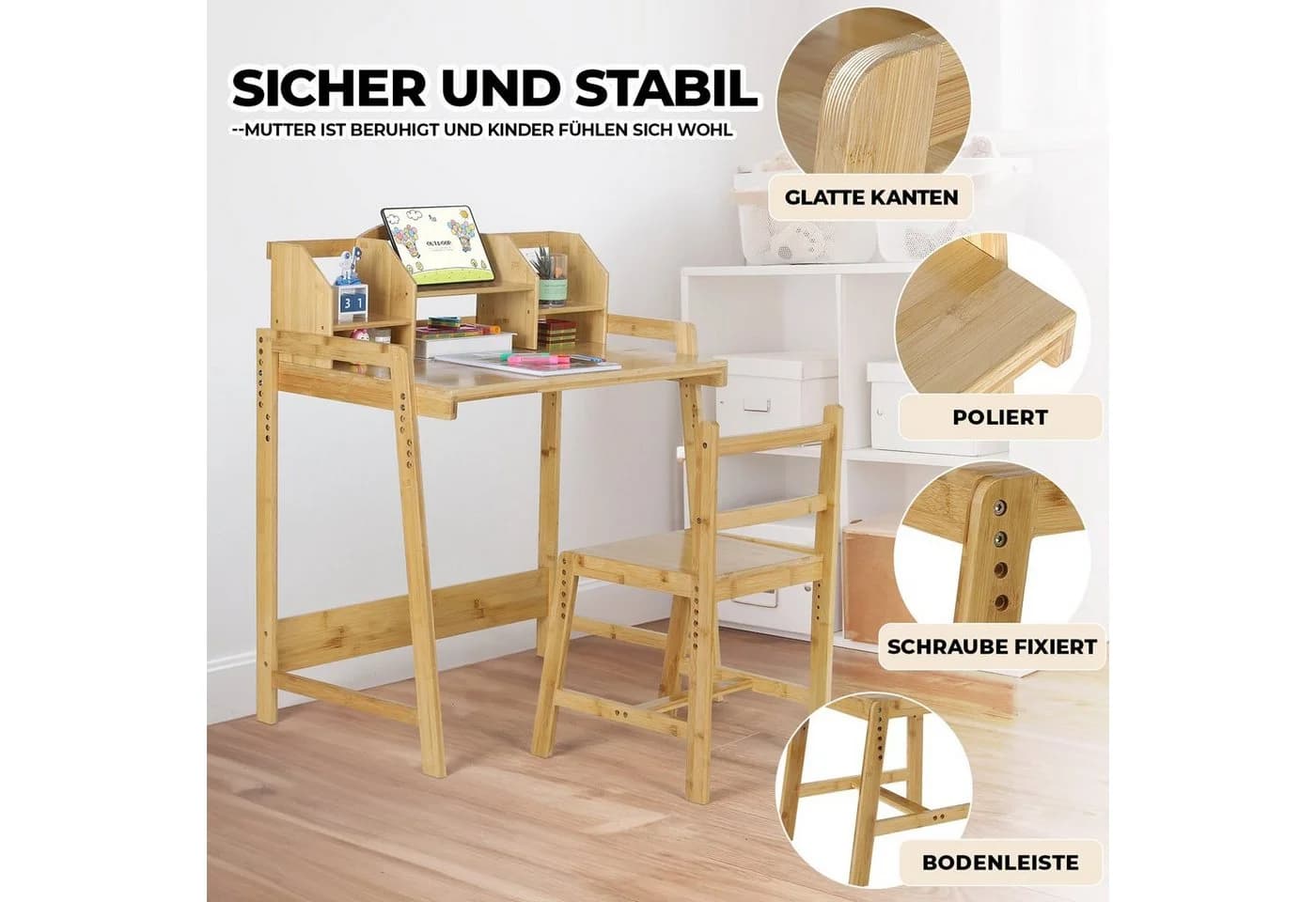 TLGREEN Kinderschreibtisch Höhenverstellbar Bambus Holz mit Stuhl und Stauraum - Bild 5