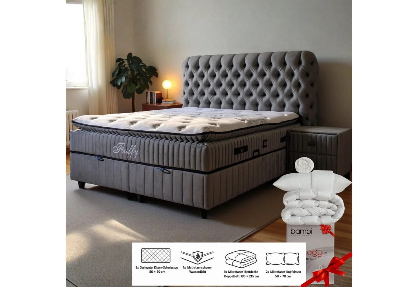 gowoll Boxspringbett Fluffy Grau mit Matratze und Topper 140x200 160x200 180x200 - Bild 2
