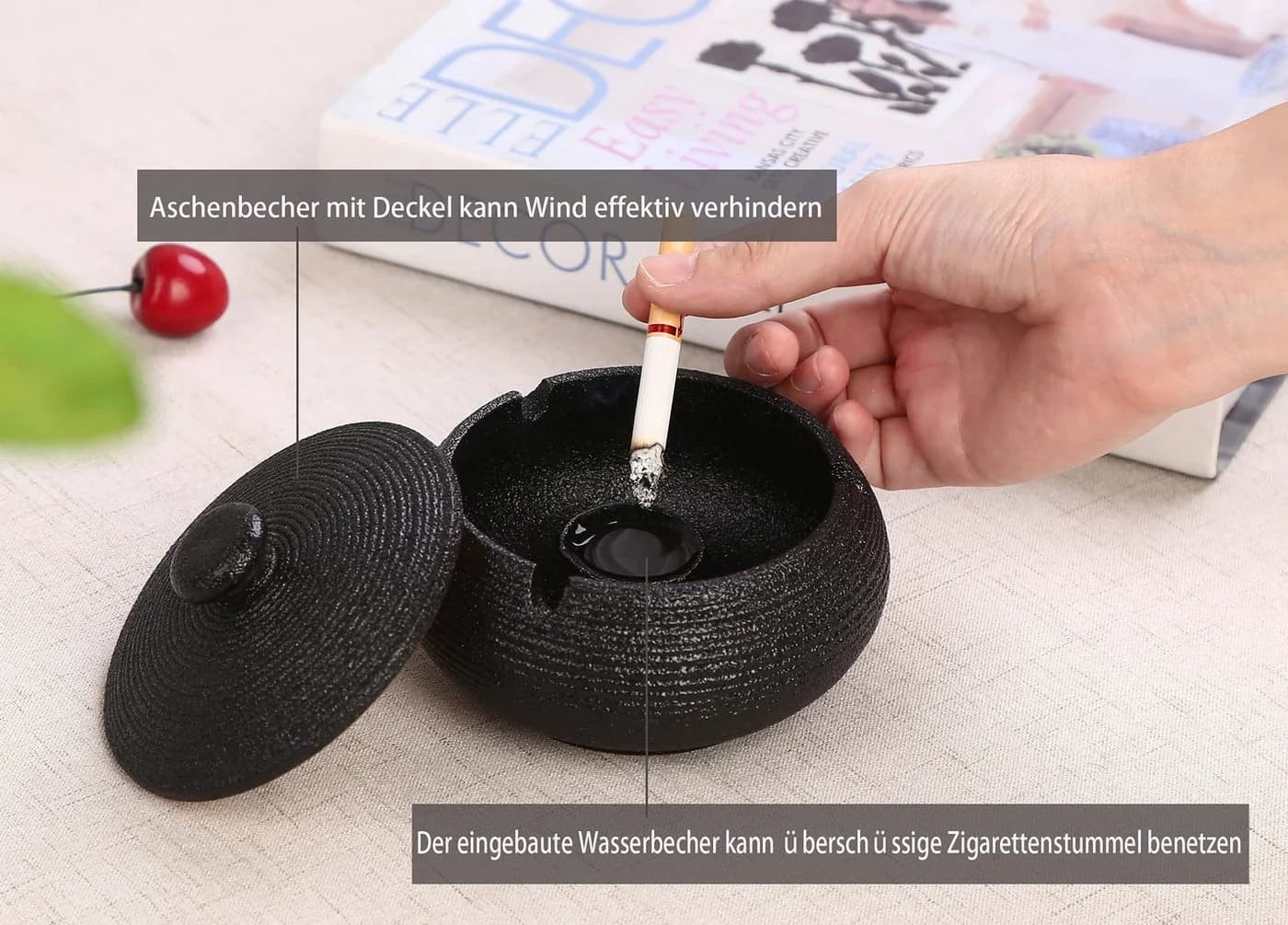SURFOU Aschenbecher mit Deckel Schwarz Keramik Outdoor - Bild 4