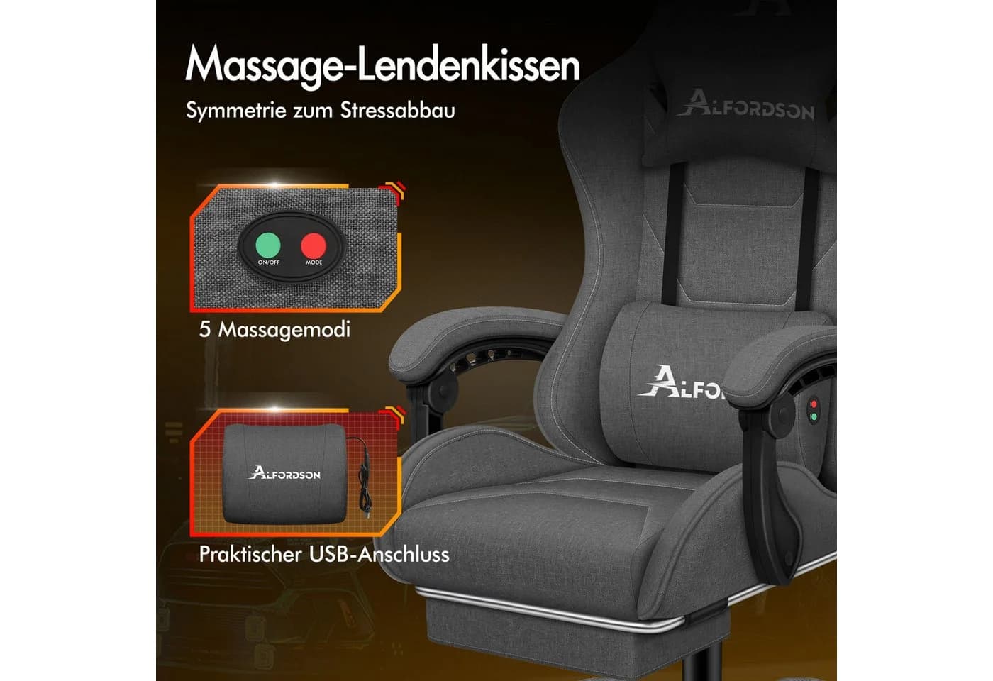 ALFORDSON Gaming-Stuhl Massage-Gaming-Stuhl Ergonomisch Grau - Bild 3