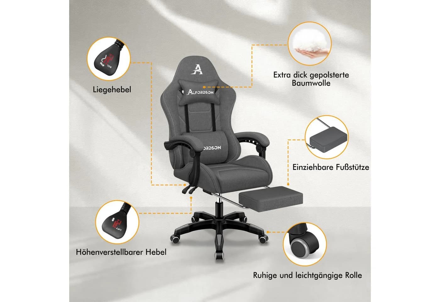 ALFORDSON Gaming-Stuhl Massage-Gaming-Stuhl Ergonomisch Grau - Bild 4