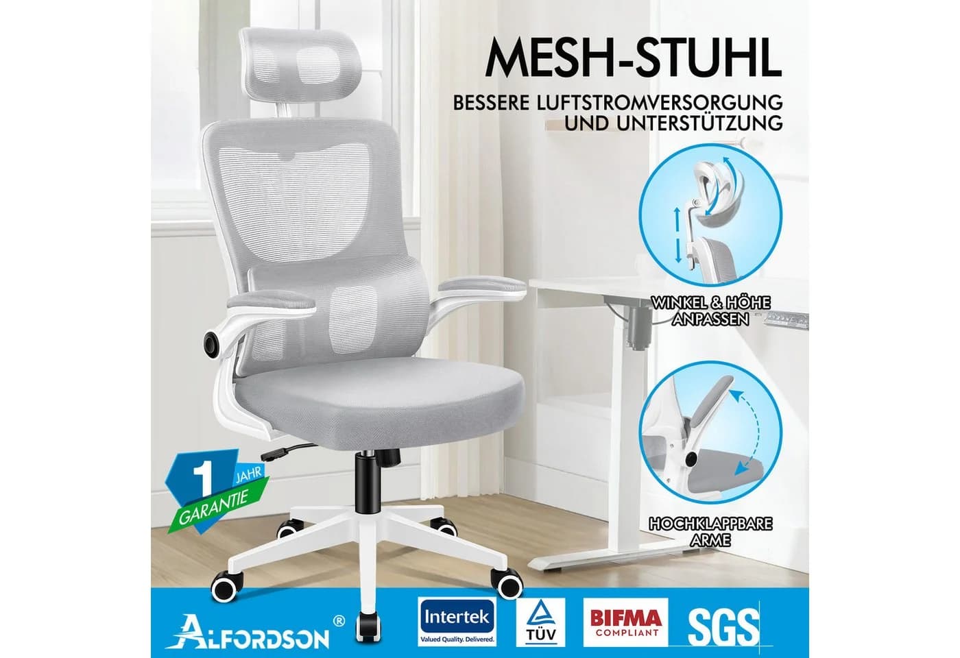 ALFORDSON Bürostuhl Ergonomisch Netzgewebe Selbsteinstellende Lendenstütze - Bild 3