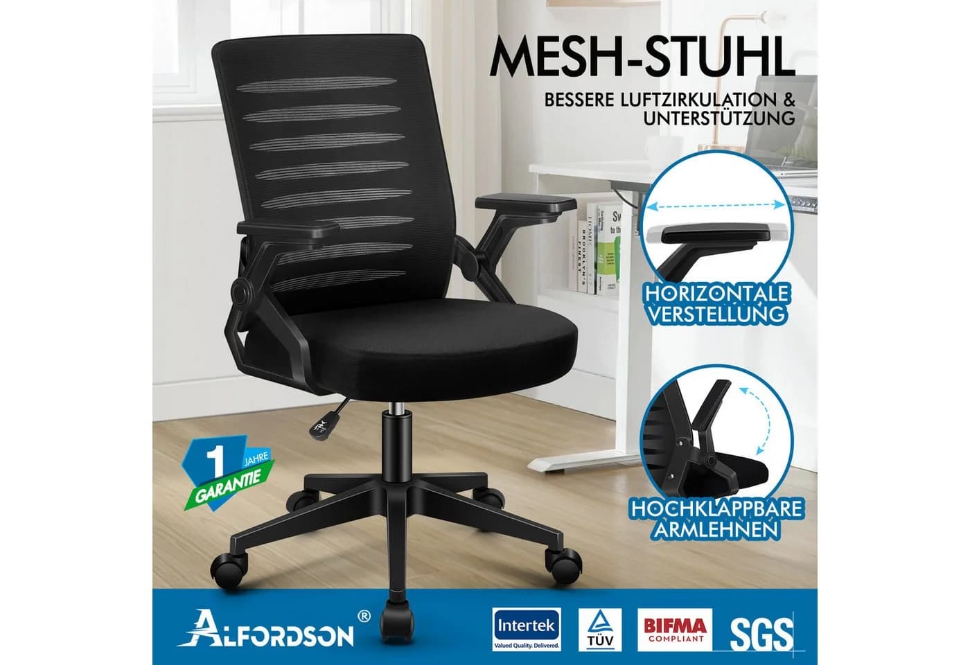 ALFORDSON Bürostuhl Schwarz mit Lendenwirbelstütze und verstellbaren Armlehnen - Bild 4